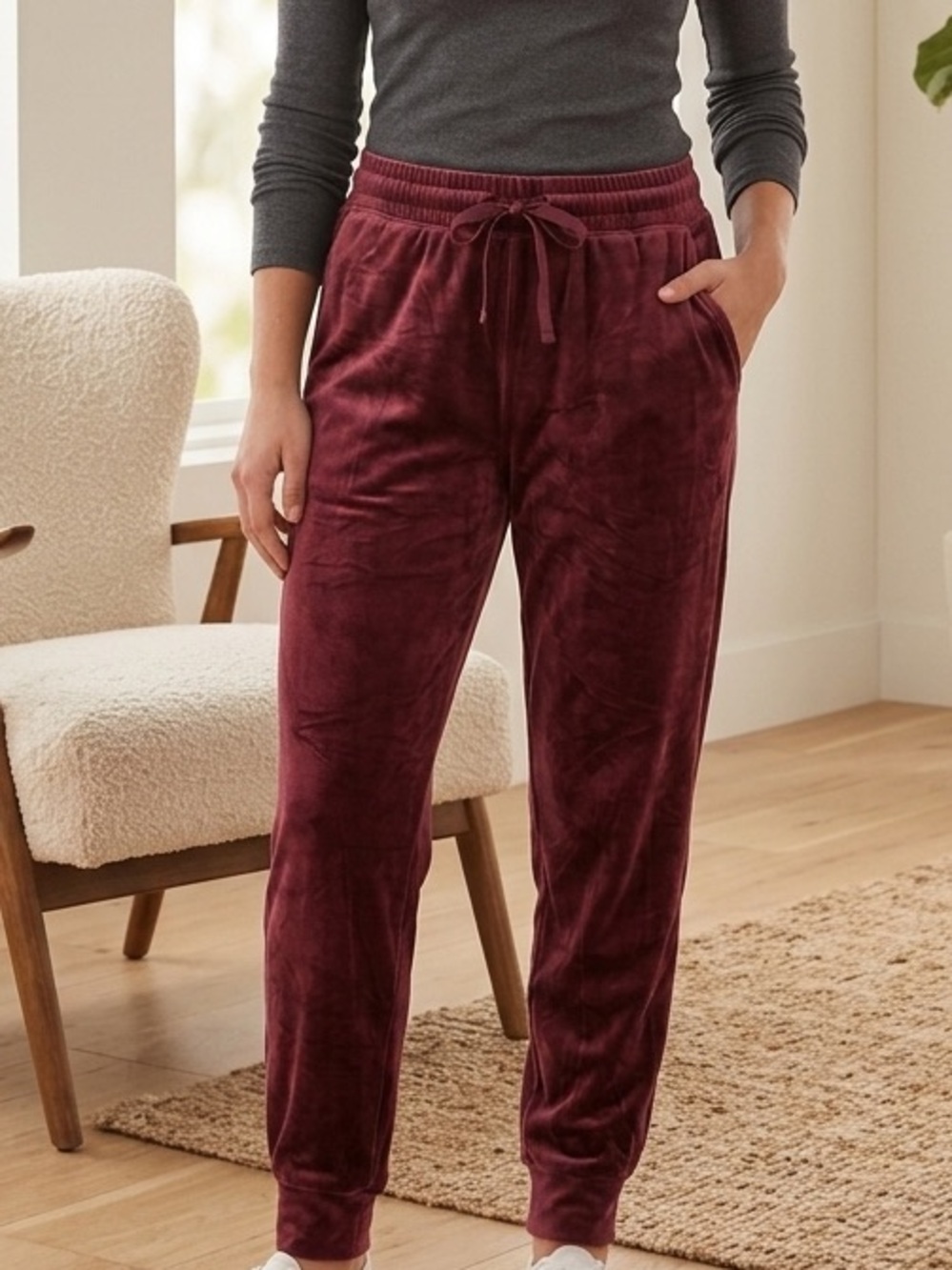 Plush Drawstring Jogger Pants - Burgundy